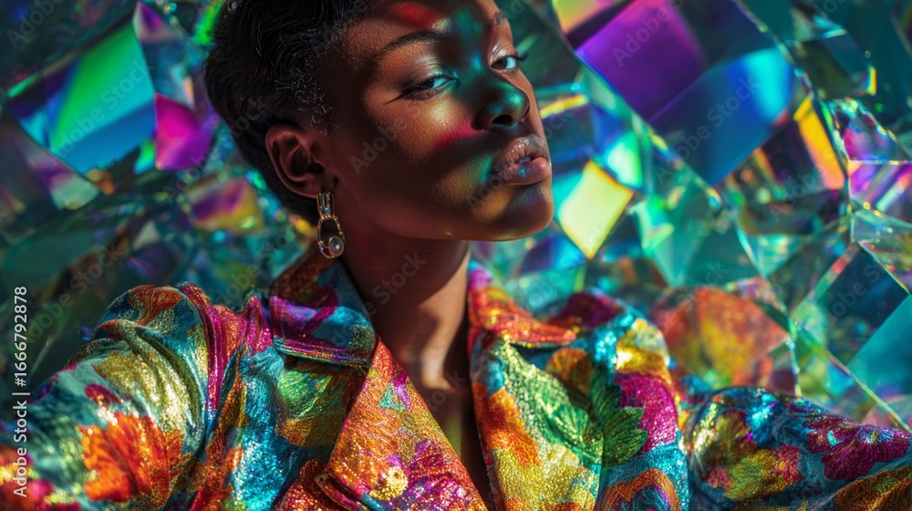 Fototapeta premium Vibrant fashion portrait showcasing a mesmerizing blend of iridescent colors, geometric shapes, and dynamic lighting that captures the essence of creative expression and artistic style.