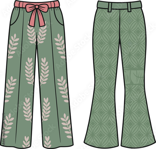 Trendy green girls’ pants with leaf and geometric patterns, featuring bow detail, perfect for stylish and comfortable kids fashion wear
