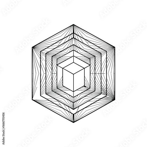 Abstract geometric hexagonal pattern with concentric cubes illusion optical art drawing white background