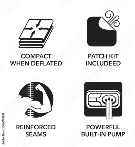 Inflatable Mattress flat icons - Built-in Pump, Reinforced, Patch Kit, Compact