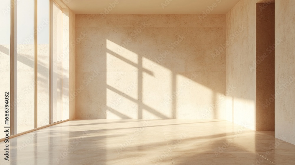 Fototapeta premium Sunlight streams through large windows into a minimalist interior with beige walls — perfect for interior design, architecture, and comfort.