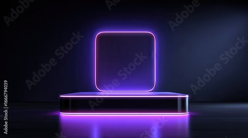 3d purple square neon light podium glow for game. Led effect hologram and product display platform in dark scene. Cyber laser room and pedestal for casino winner presentation. Realistic shine arena