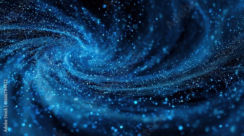 A blue banner with swirling, 3D particles representing technology. It's an abstract image that suggests scientific research, big data, and the power of technology