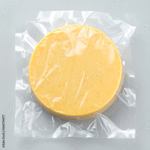 Round cheese in transparent packaging