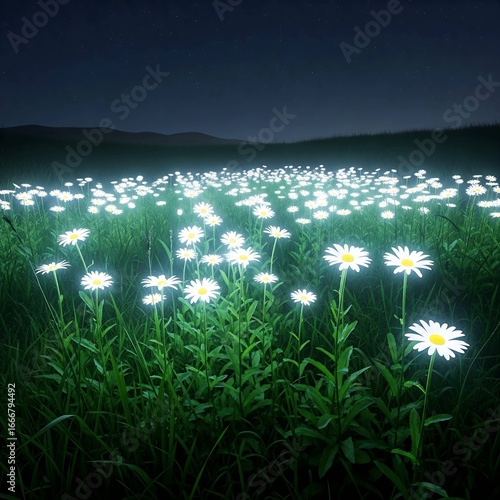 Close-up of white daisies blooming in a lush green field.