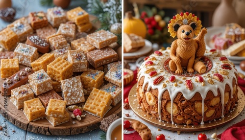  Portuguese Bolo Rei Feast A beautifully decorated Bolo Rei (King Cake) with candied fruits and nuts, displayed as the centerpiece