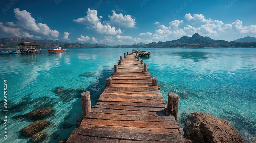 Obraz premium Standing at the dock, looking at the clear water on the lake, feeling very happy