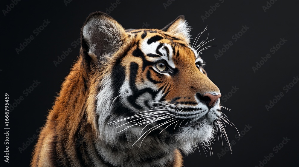Obraz premium A large portrait of a tiger with bright stripes and a piercing gaze against a dark background, emphasizing the power and grace of the predator. Useful for illustrating articles about wildlife, 