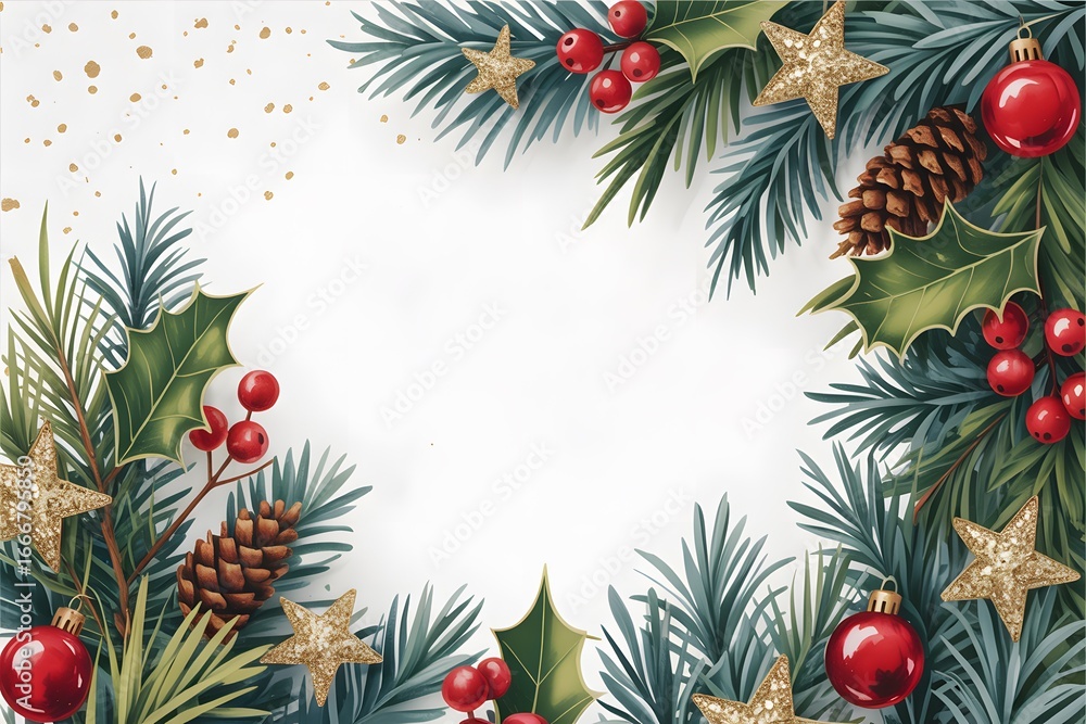 Christmas Gift Box with Tree and Festive Ornaments on Holiday Background Christmas Gift Box with Tree and Festive Ornaments on Holiday Background