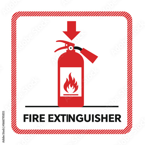 A red and white fire extinguisher sign