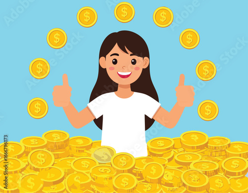 Happy girl surrounded by gold coins, giving thumbs up, signifying wealth and success.