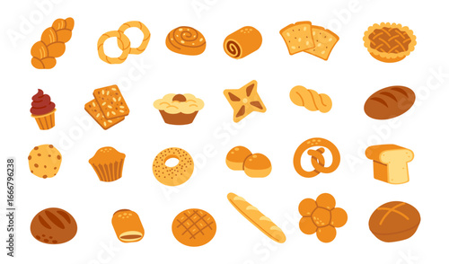 Bakery products. Fresh bread. Simple cartoon homemade pretzel, ciabatta, bun, dough, cookies, slice toast, loaf of bread. Various sorts bakered goods for cafe menu, posters. Vector set