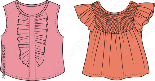 Trendy sleeveless baby girl tops, featuring elegant ruffle and smocking details, perfect for summer, toddler fashion, cute kidswear design