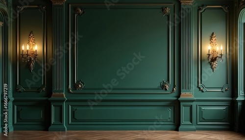 Luxurious green room interior with classic wall panels, golden accents. Features ornate sconces with warm lighting. Empty space perfect for product mockups, advertising, scene staging. Modern luxury