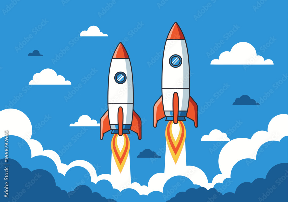 Fototapeta premium Two Cartoon Rockets Ascending Through Clouds