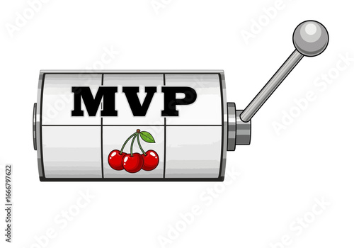 Cartoon Slot Machine Displaying MVP and Cherries with Pull Lever