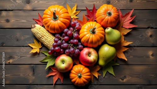 Heart shaped pumpkins, apples, grapes, corn and autumn leaves on rustic wooden table, fall harvest and Thanksgiving theme