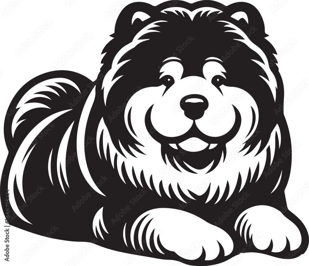 Fototapeta premium Cute Fluffy Chow Chow Dog Vector Silhouette Illustration – Black and White Pet Art Design