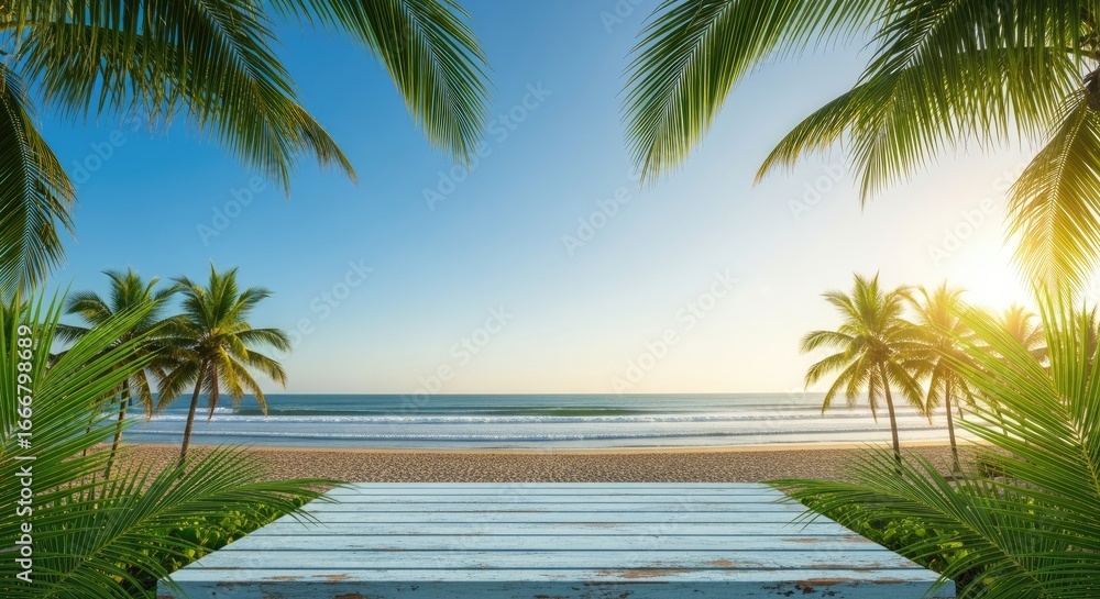 Fototapeta premium Tranquil beach scene with palm trees and wooden planks.