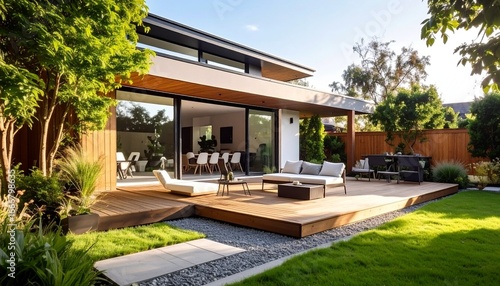 Modern house with large wooden deck, inviting outdoor living area, and green garden