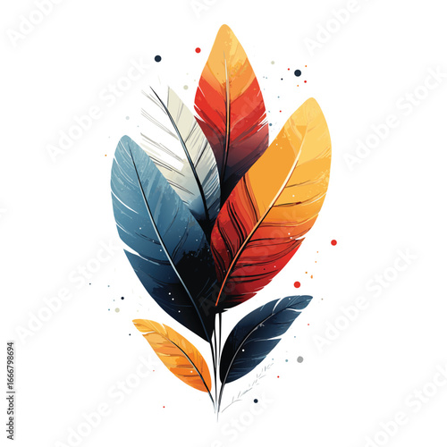 Vibrant abstract feather bouquet in teal, red, and gold for modern art