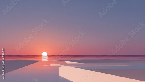 Sunrise over a minimalist platform.  Soft pastel colors.  Abstract