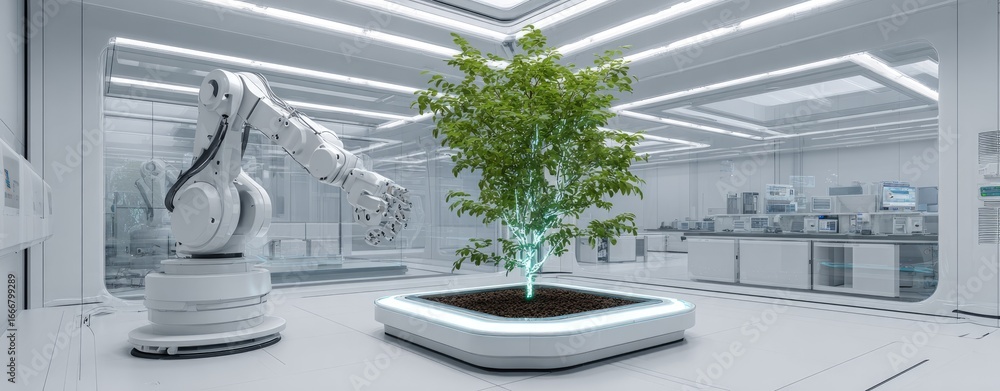 Obraz premium Futuristic lab with robot and plant