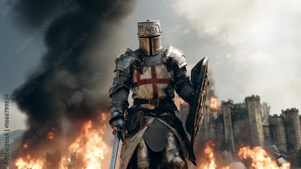 Medieval knight in armor with sword and shield standing in front of burning castle with smoke and fire Medieval knight in armor with sword and shield standing in front of burning castle with smoke and fire