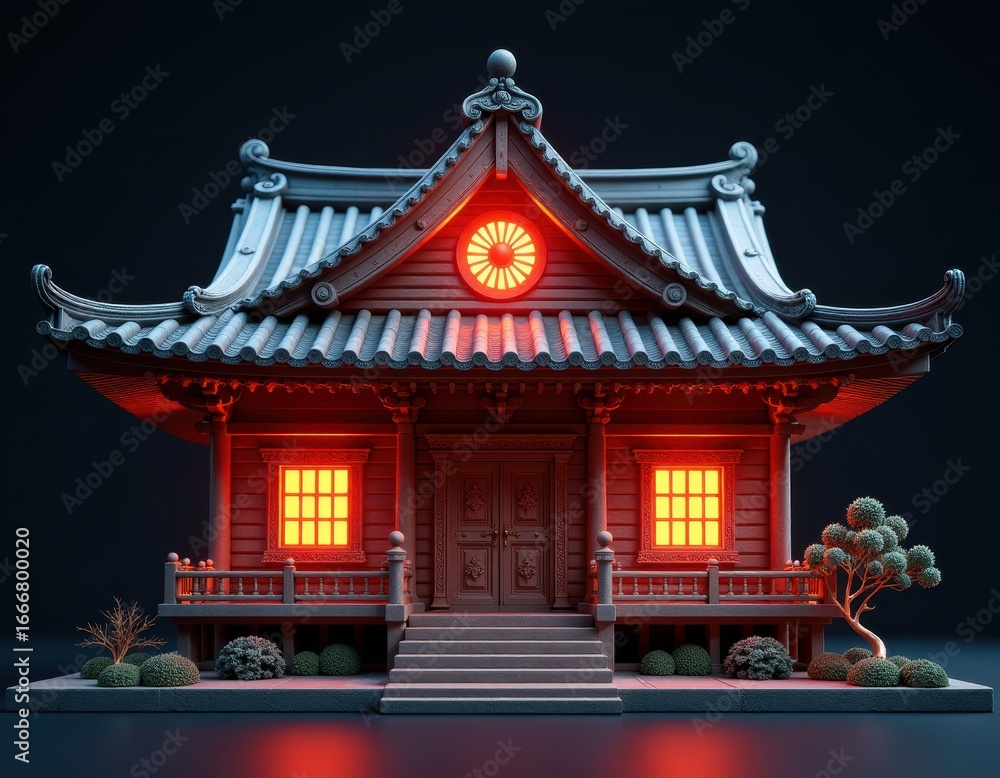 Obraz premium Traditional Japanese Shrine with Red Glow at Night
