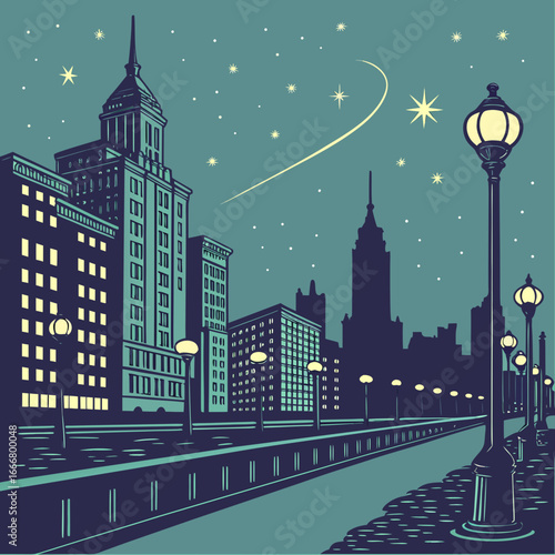 Art deco cityscape at night with a shooting star and glowing streetlights illuminating the buildings