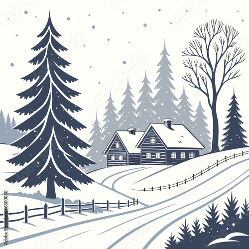 Charming rustic log cabins nestled in a serene snowy forest landscape during winter snowfall