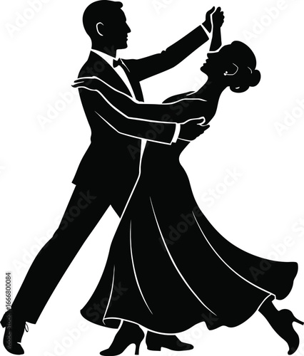 Elegant ballroom dancing couple silhouette in motion