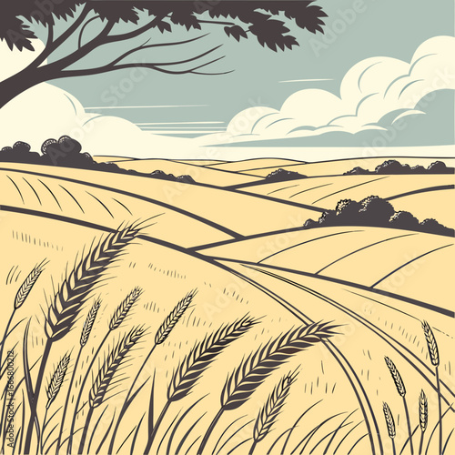 Golden wheat fields under a cloudy sky with a large tree in the foreground