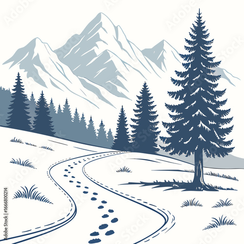 Footprints on a snowy path leading through a pine forest towards majestic mountains