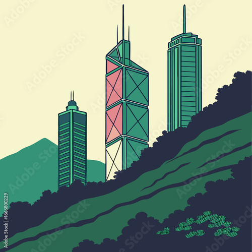 Iconic hong kong skyscrapers rise majestically behind lush green hills and dense foliage