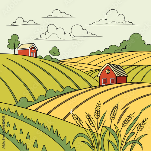 Idyllic countryside farm scene with rolling fields and red barns under a cloudy sky