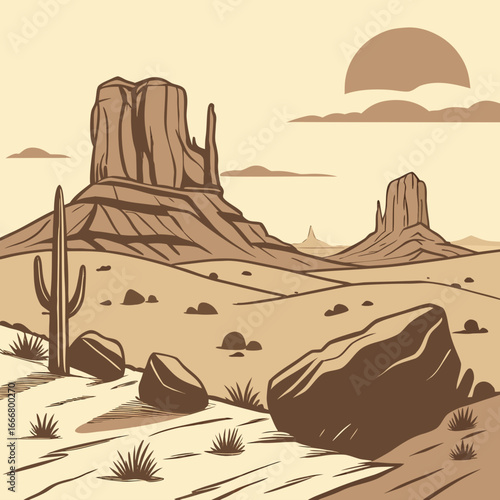 Iconic monument valley landscape with mesas buttes a saguaro cactus and a setting sun