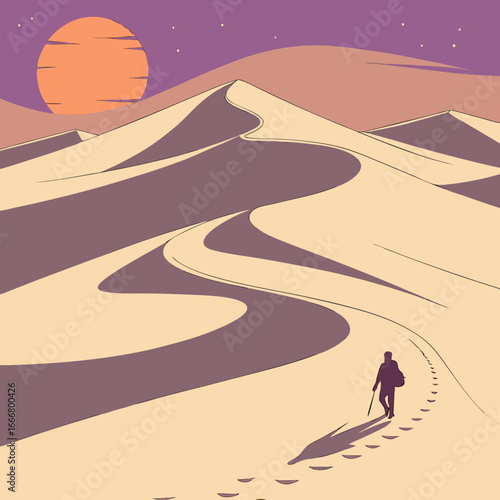 Lone traveler walks across vast desert sand dunes under a twilight sky with a large sun