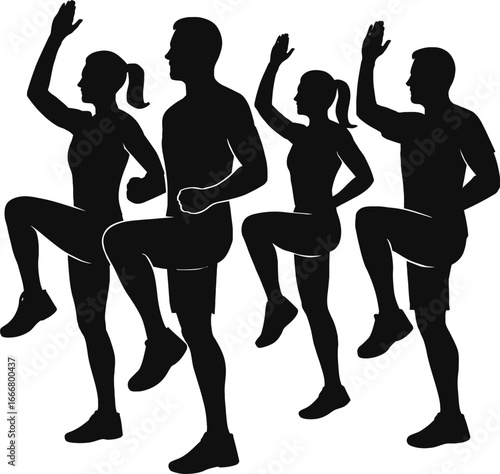 Diverse group fitness exercise silhouettes in action
