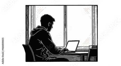 Silhouette of a man focused on laptop work at a desk by a window, symbolizing remote work, study, or home office productivity.