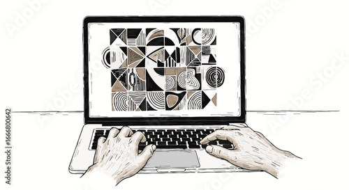 Hand-drawn illustration: Hands typing on a laptop, creating abstract geometric patterns. Digital art, graphic design & creative work concept.
