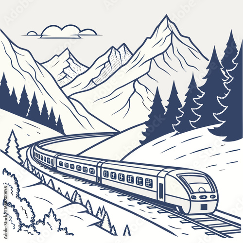 Modern passenger train travels through a scenic mountain landscape with pine trees and snow