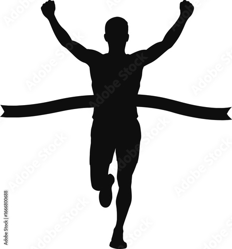 Silhouette of a male runner crossing the finish line