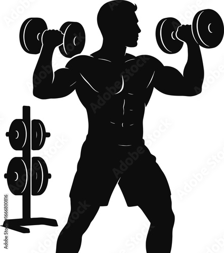 Silhouette of a man lifting dumbbells in a gym