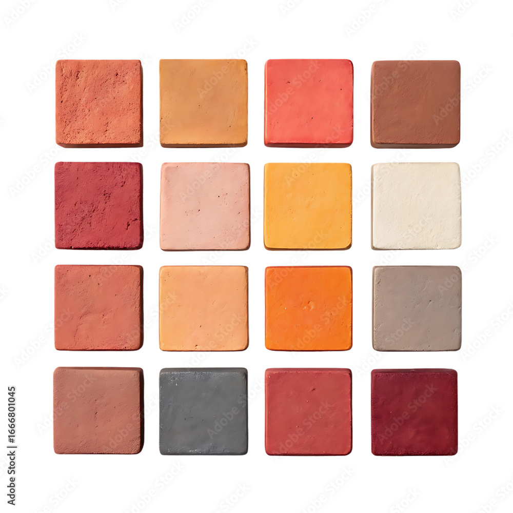 Fototapeta premium Arrangement of sixteen square makeup pans with various earthy tones transparent background
