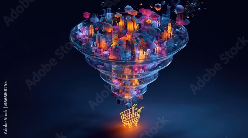 Abstract vortex funnel, cityscapes, shopping cart