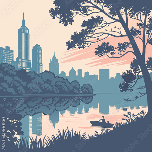 Serene new york city skyline viewed from central park lake with a couple rowing a boat at sunset