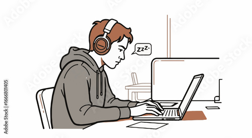 Tired young person in headphones typing on laptop at a desk, feeling sleepy or bored during work or study. Digital illustration.
