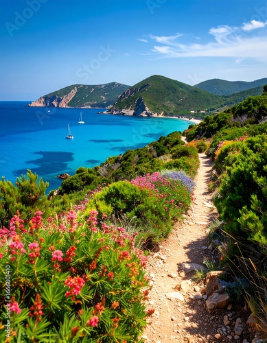 Scenic Coastal Path with Colorful Flowers and Turquoise Water.