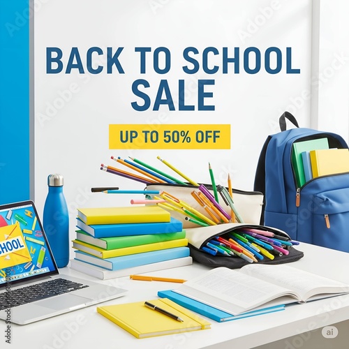 BACK TO SCHOOL SALE and UP TO 50% OFF. A dynamic, high-energy marketing photo for a Back to School Sale. The scene is a bright, clean, and well-organized desk setup.